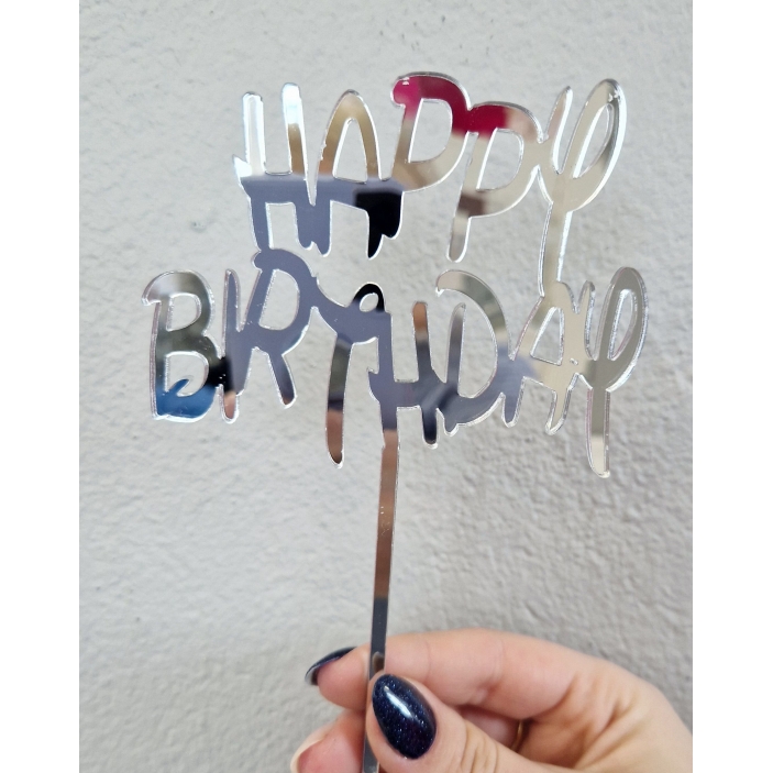 Topper Na Tort Happy Birthday Srebrne Lustro Plexi 10 X 8 Cm