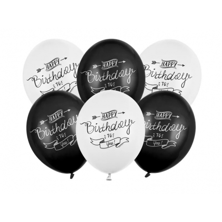 Balony lateksowe z nadrukiem biało czarny mix Happy Birthday, 6 szt