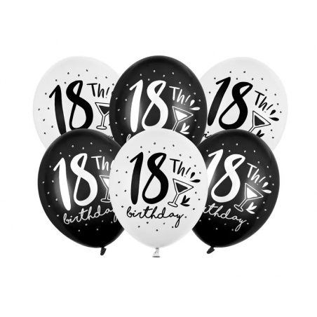 Balony lateksowe z nadrukiem biało czarny mix 18 urodziny, 6 szt