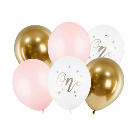 Balony lateksowe Pierwsze urodziny One, różowe, 6 szt