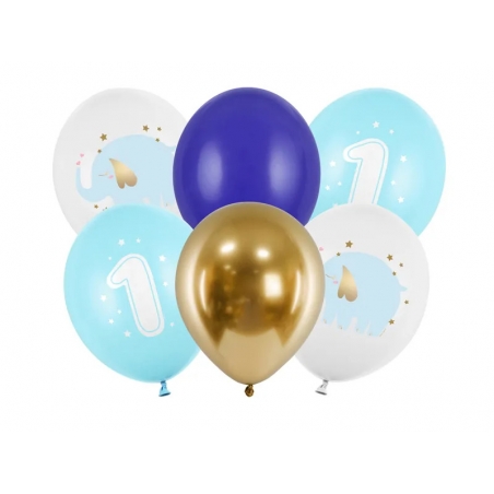 Balony lateksowe Roczek pierwsze urodziny słonik, niebieskie, 6 szt