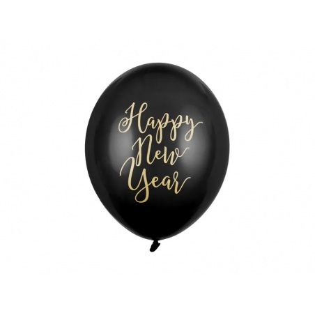 Balony lateksowe Happy New Year czarne, 6 szt