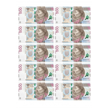 Banknot 500 złotych x 10, wydruk na papierze skrobiowym lub cukrowym