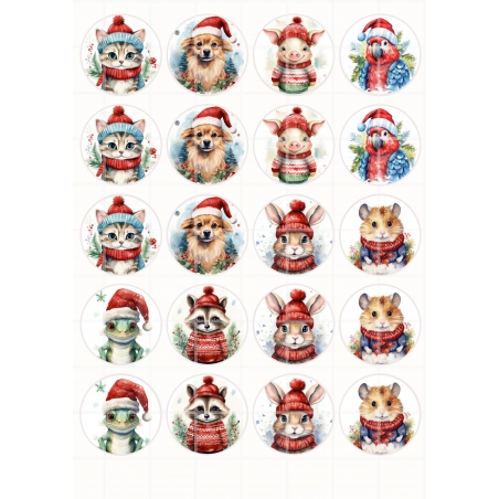 Christmas animals na muffinki śr. 4,5 cm, wydruk na papierze skrobiowym lub cukrowym