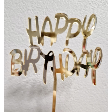 Topper na tort Happy Birthday, złote lustro plexi, 10 x 8 cm