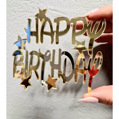Dekor na tort Happy Birthday z gwiazdkami - złote lustro plexi