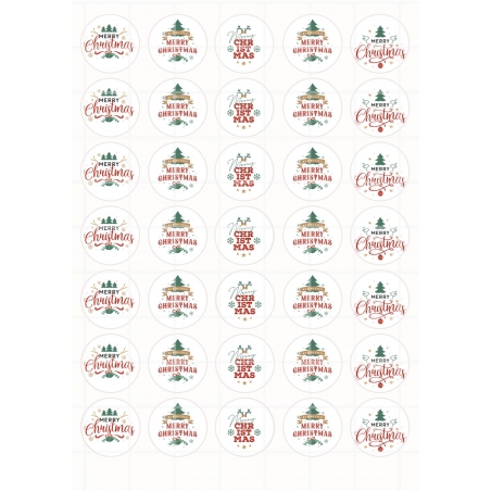 "Merry Christmas" napis czerwono zielony śr. 3,5cm, wydruk na papierze skrobiowym lub cukrowym