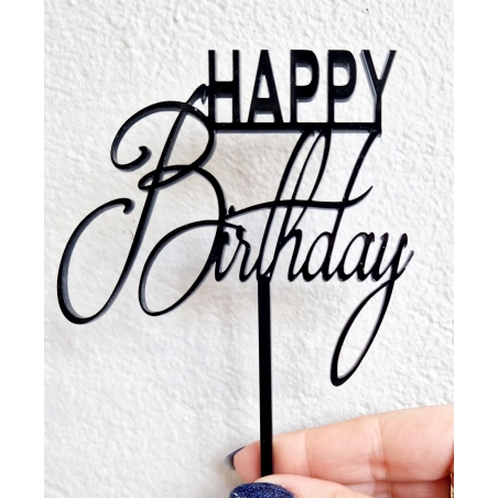 Topper na tort Happy Birthday, czarne lustro plexi, 10 x 8 cm