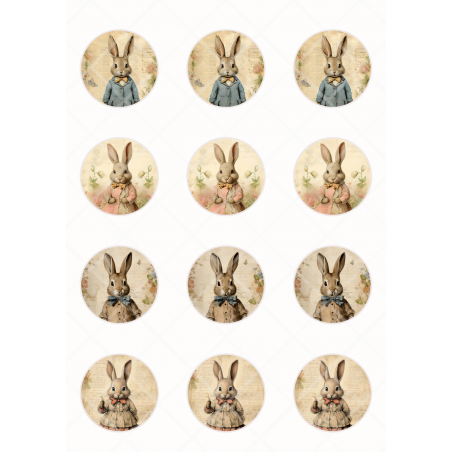 Vintage bunnies, kółka o śr. 5cm x 12, wydruk na papierze skrobiowym lub cukrowym