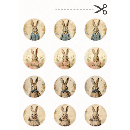 Vintage bunnies, kółka o śr. 5cm x 12 wraz z WYCIĘCIEM! Wydruk na papierze skrobiowym lub cukrowym