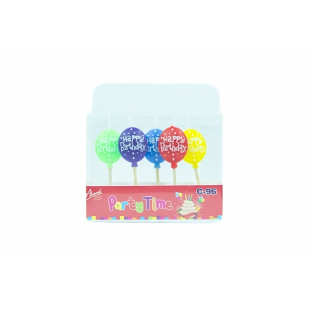 Świeczki urodzinowe Happy Birthday, balony, 5 szt.