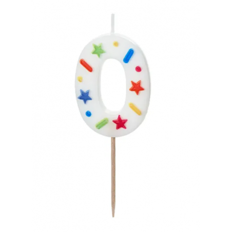 Świeczka urodzinowa cyfra 0, biała, konfetti PartyDeco