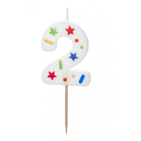 Świeczka urodzinowa cyfra 2, biała, konfetti PartyDeco
