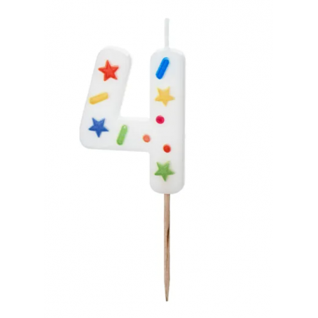 Świeczka urodzinowa cyfra 4, biała, konfetti PartyDeco