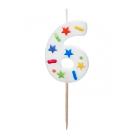 Świeczka urodzinowa cyfra 6, biała, konfetti PartyDeco