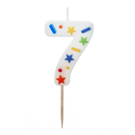 Świeczka urodzinowa cyfra 7, biała, konfetti PartyDeco