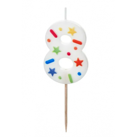 Świeczka urodzinowa cyfra 8, biała, konfetti PartyDeco