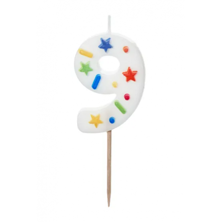 Świeczka urodzinowa cyfra 9, biała, konfetti PartyDeco