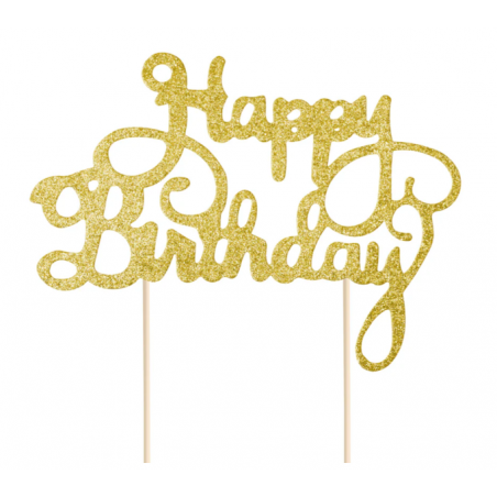 Topper na tort Happy Birthday brokatowy złoty