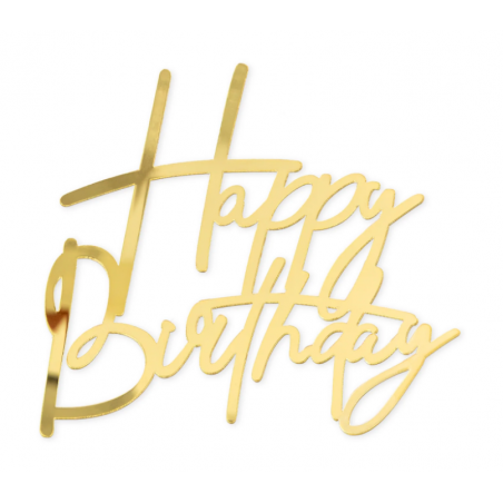 Topper, dekor na bok tortu z pikerem Happy Birthday złoty