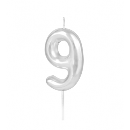 Świeczka urodzinowa srebrna połysk cyfra 9, 1 szt., PartyPal
