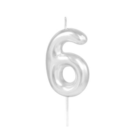 Świeczka urodzinowa srebrna połysk cyfra 6, PartyPal