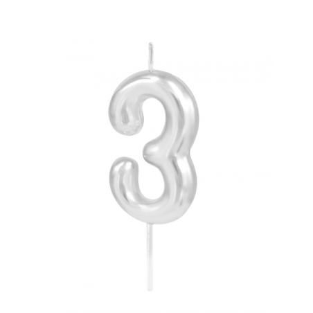 Świeczka urodzinowa srebrna połysk cyfra 3, PartyPal