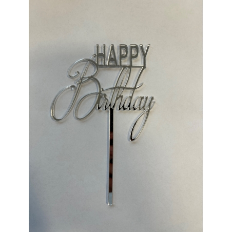 Topper na tort Happy Birthday styl elegancki, srebrne lustro plexi, 10 x 8 cm