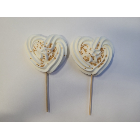 Beza serce biało-złote na patyku z perełkami, 4 szt.