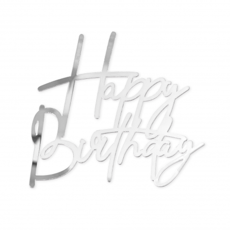 Topper, dekor na bok tortu z pikerem Happy Birthday srebrny
