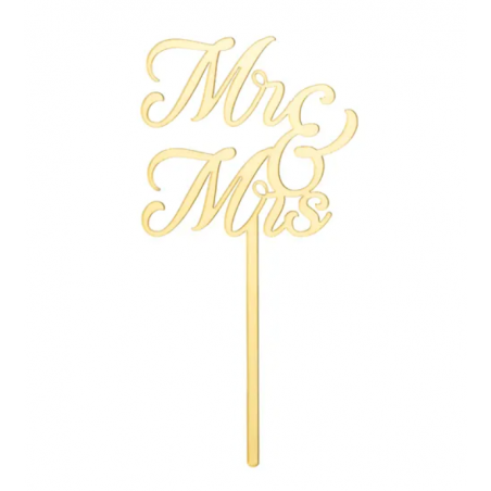 Topper akrylowy złoty na tort Mr & Mrs 16,5 cm