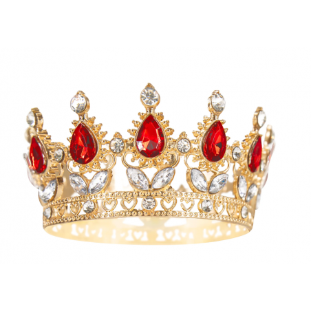Dekoracja na tort korona złota z czerwonymi i srebrnymi kryształkami 10 cm, PartyPal
