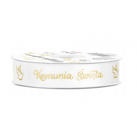 Wstążka satynowa biało-złota, 20 m × 15 mm, Komunia Święta