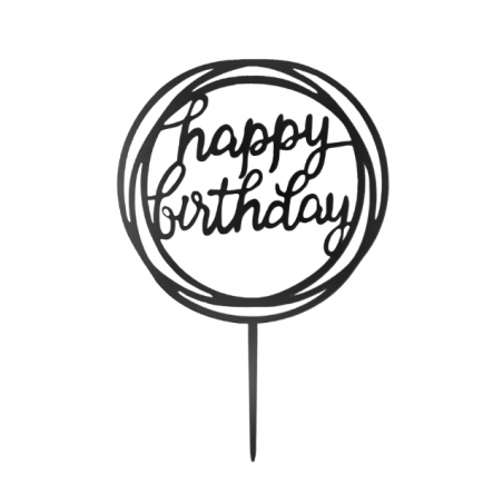 Topper na tort Happy Birthday lustrzany czarny w kole